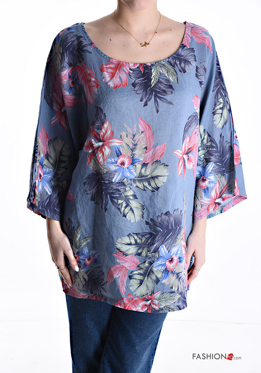 Blusa in Lino girocollo oversize maniche lunghe Fantasia floreale