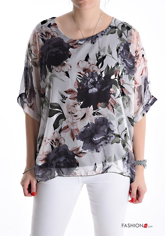 Blusa chiffon girocollo Fantasia floreale con fodera maniche a tre quarti